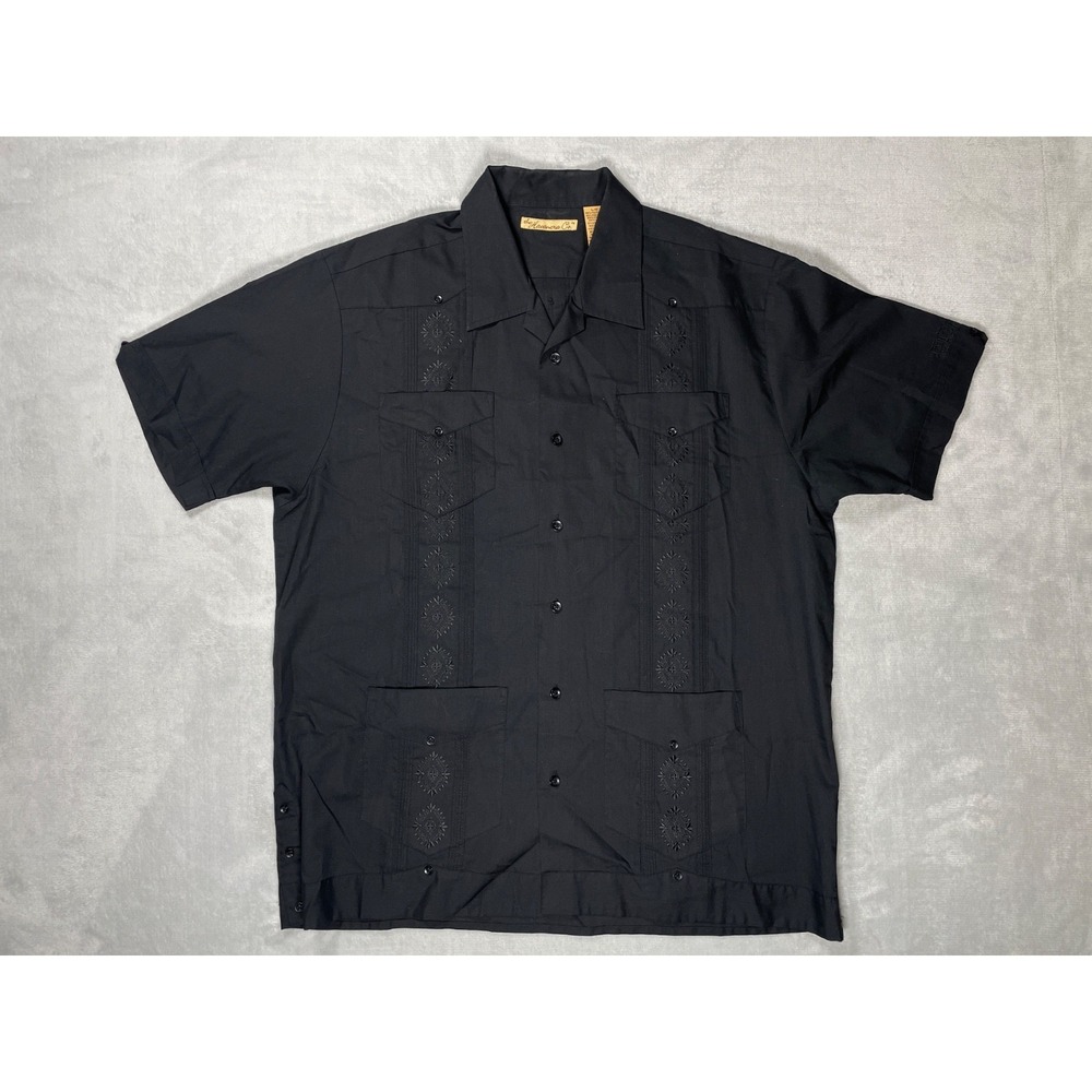 The Havanera Co. Guayabera Shirt Men Large Black Embroidered Cuban Short Sleeve